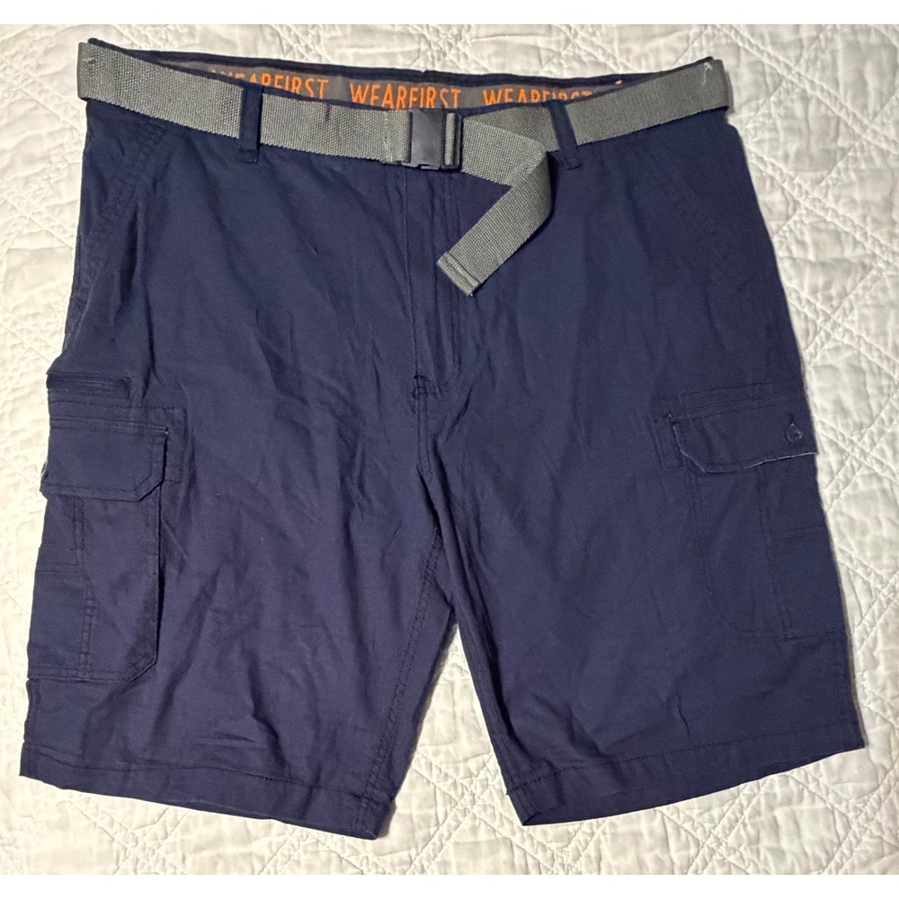 WearFirst Mens Cargo Shorts Navy Blue Ripstop Stretch with Belt Size 42